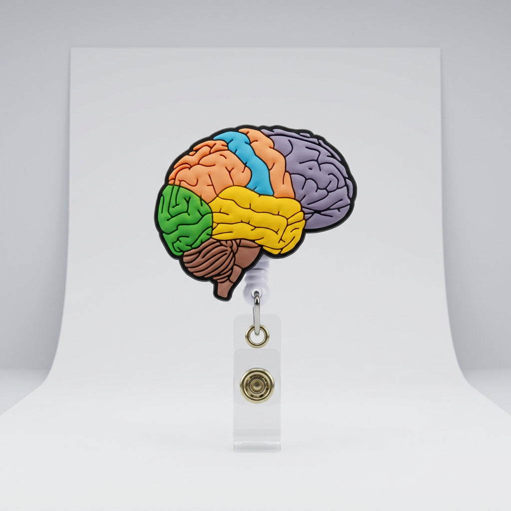 A retractable ID badge reel with a colorful anatomical brain design attached to a metal clip.