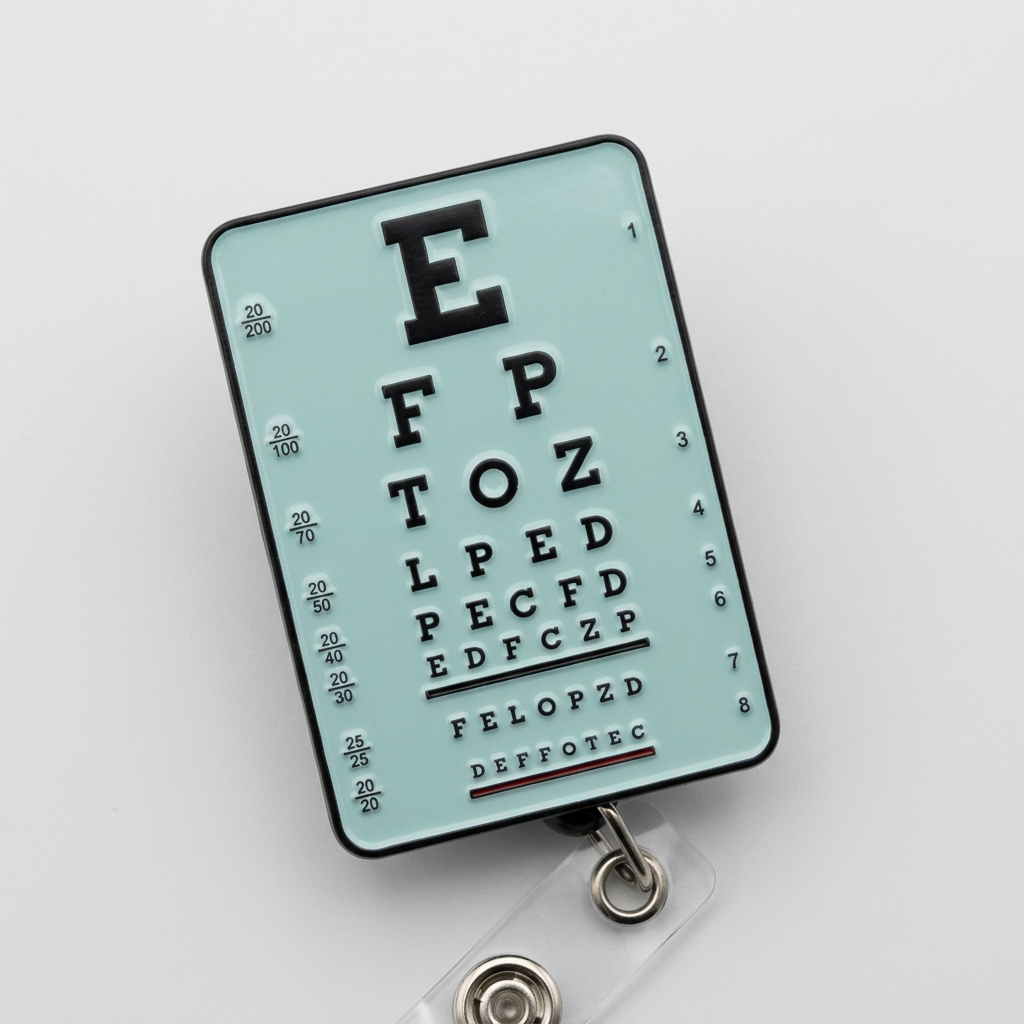A blue retractable eye exam badge reel with a white enamel badge that has the letters 'E P Z T O C D F E' printed on it, attached to a metal retractable pulley.